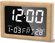 Alarme Digitale con Finestra in Legno e Schermo a LED - Visualizzazione della Temperatura, Funzione di Sonno e 8 Suoni d'Allarme
