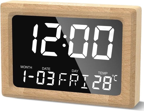 Alarme Digitale con Finestra in Legno e Schermo a LED - Visualizzazione della Temperatura, Funzione di Sonno e 8 Suoni d'Allarme