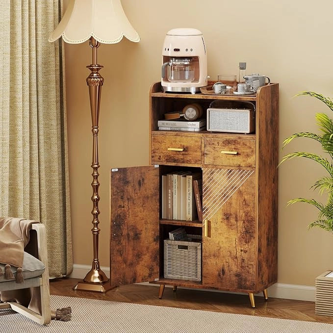 Mobiletto Bagno Salvaspazio 60 x 30 x 113 cm, Credenza Soggiorno con Ante, 2 Cassetti e Ripiano Regolabile, Armadietto da Cucina per Sala da Pranzo e Lavanderia (Marrone)