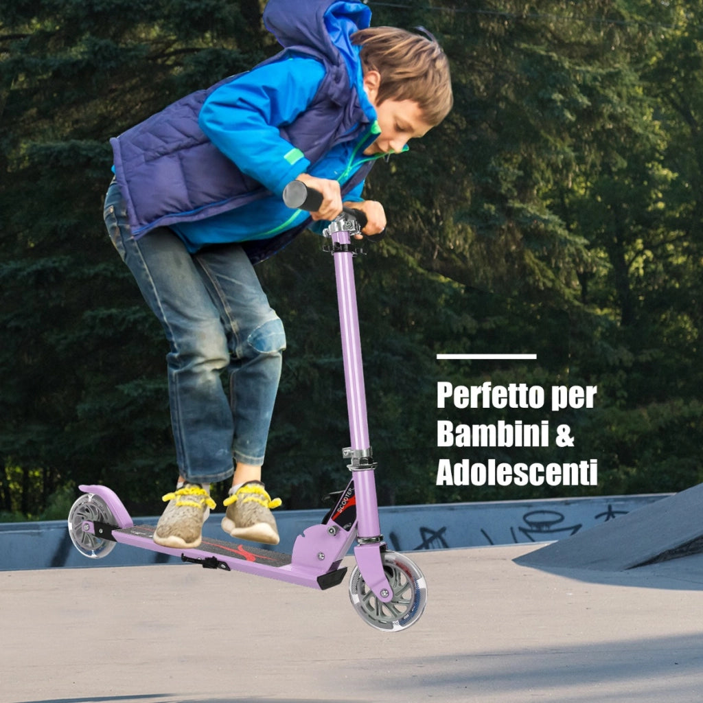 Monopattino a 2 ruote lampeggianti per bambini con musica altezza regolabile, Monopattino in alluminio Viola-Monopattini