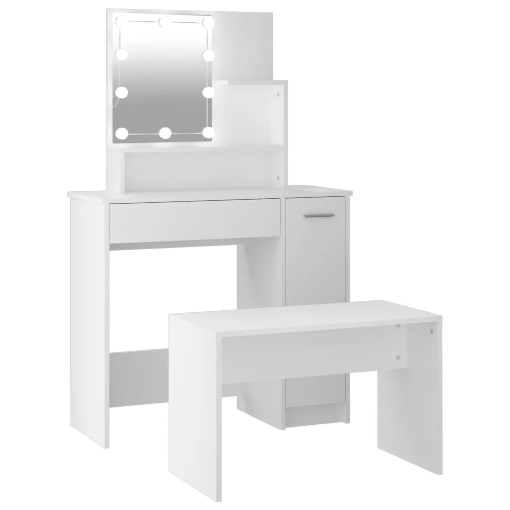 Set Tavolo da Toeletta | Tavolo da Trucco Bianco con LED in Legno Multistrato