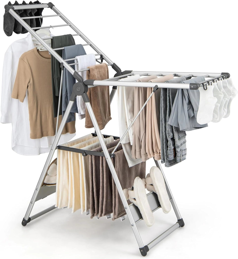 Stendibiancheria Pieghevole a 2 Livelli in Alluminio, Stendino Pieghevole con Altezza Regolabile a 5 Livelli, 21 Bacchette, 10 Mollette Laterali, 4 Supporti per Scarpe, Interni ed Esterni