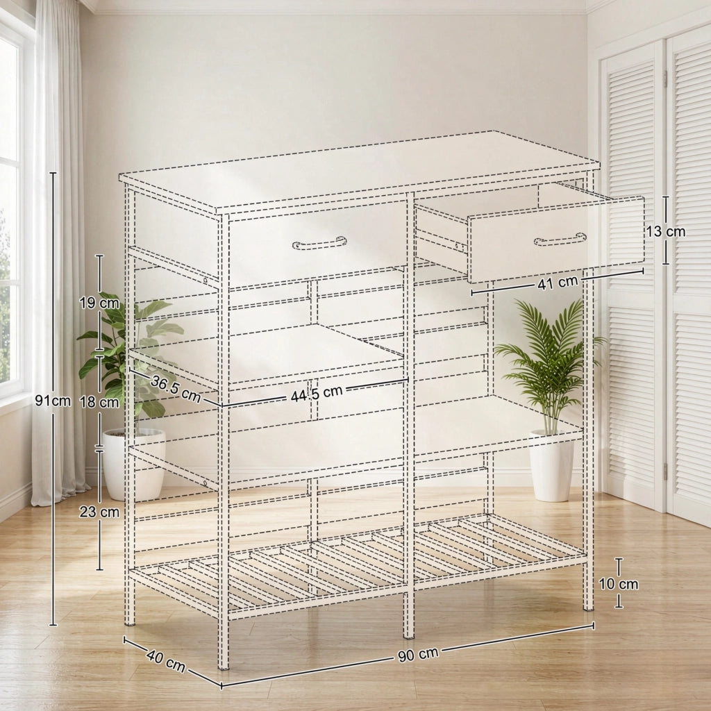 Credenza da cucina, mobile contenitore con 2 cassetti e 3 vani a giorno, mobile da cucina per soggiorno e sala da pranzo