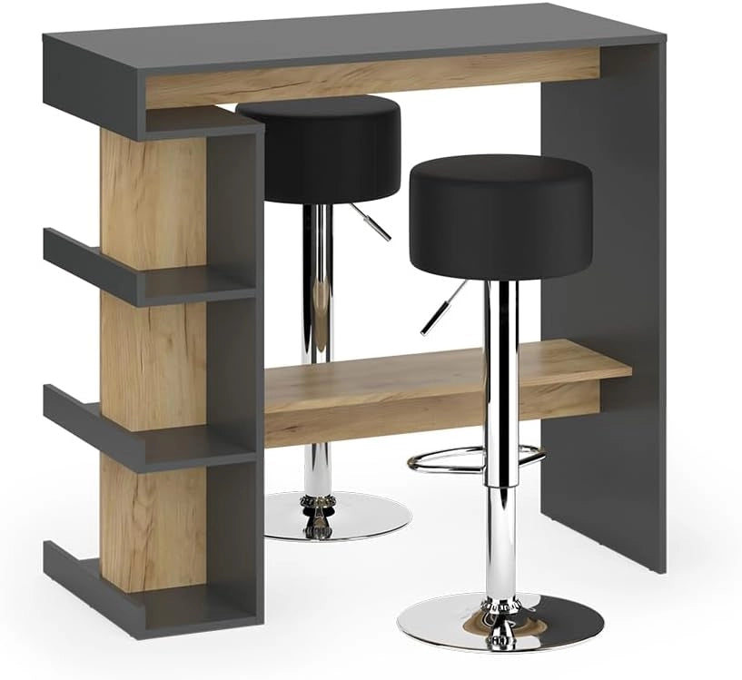 tavolo bar con sgabelli Dana, Antracite/quercia dorata, 108 x 50 cm con 2 sgabelli da bar