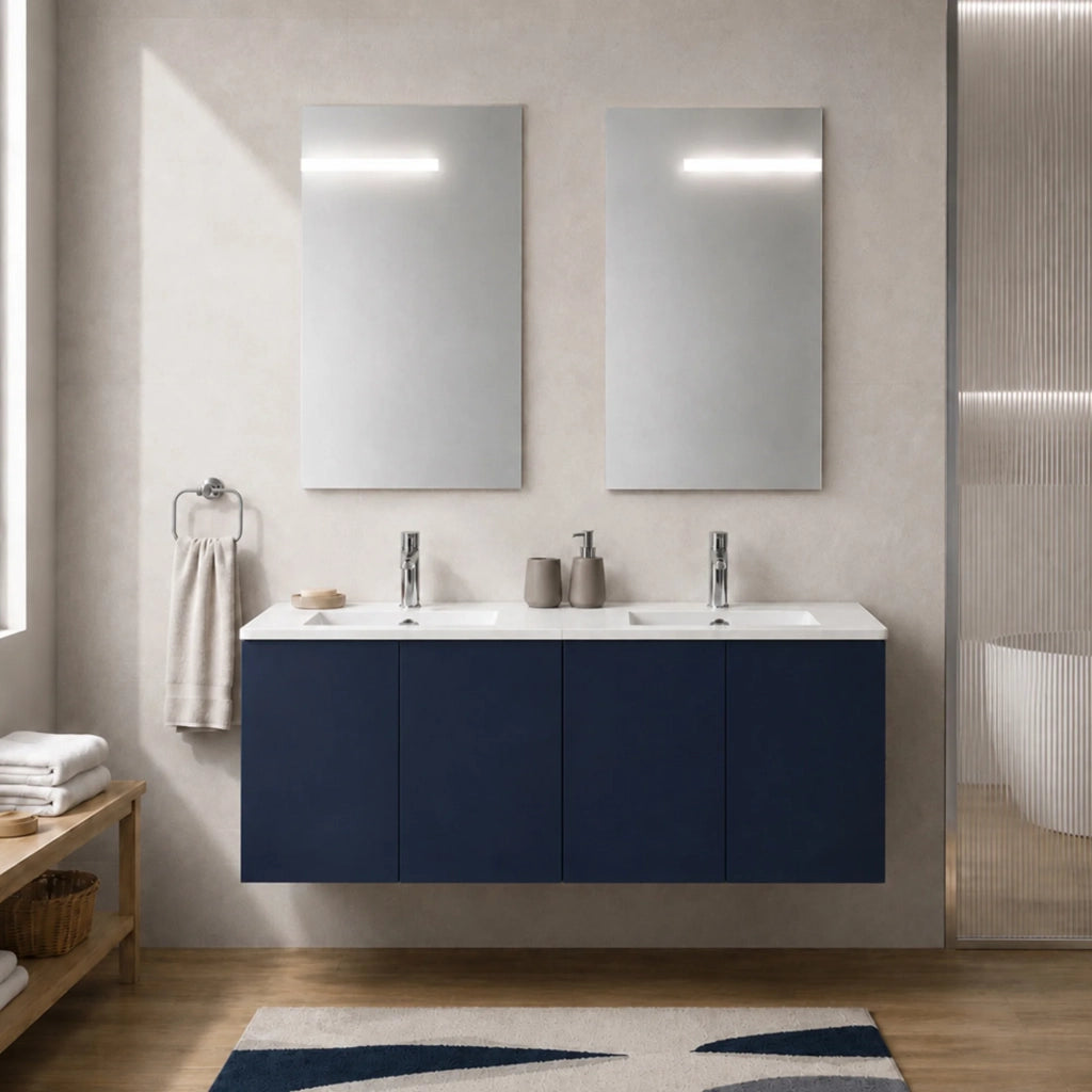 Mobile bagno sospeso 120 cm blu quattro ante e doppia vasca Tierra