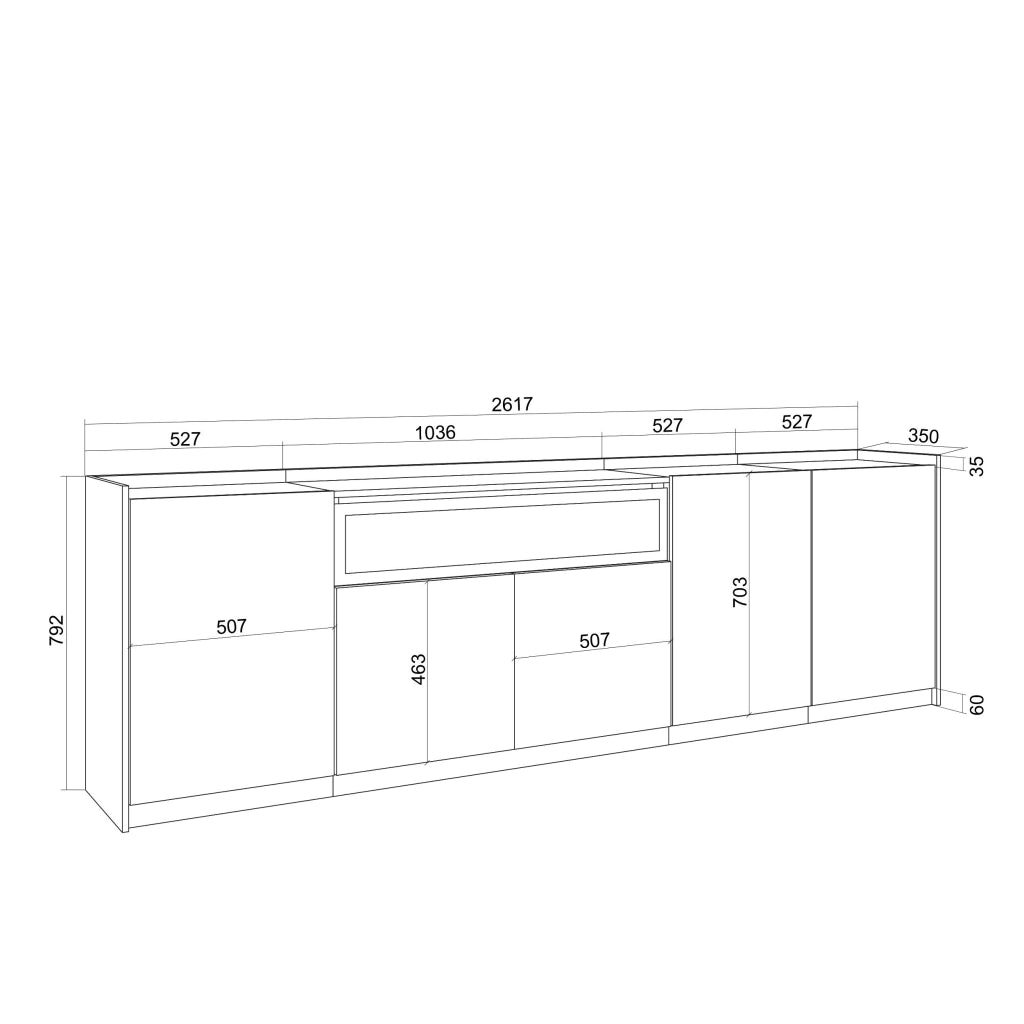 Credenza, Mobile, Cucina, 260x80x37 cm, 5 Porte, Camino elettrico, Rovere scuro e Nero