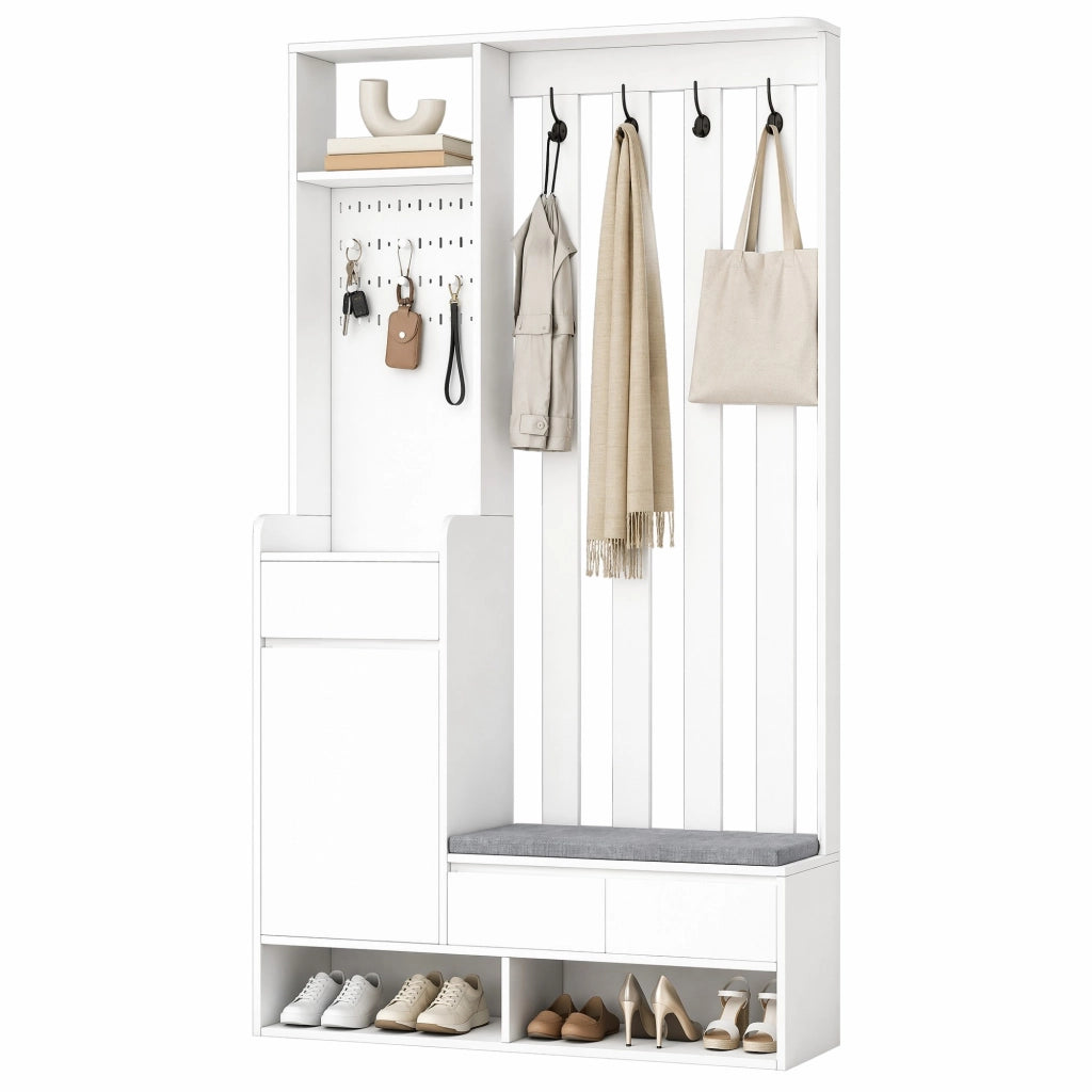 Mobile ingresso multifunzionale in MDF bianco con panca imbottita e pannello forato