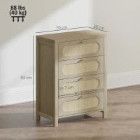 Cassettiera 4 cassetti in stile boho con ante in resina intrecciata, 70x38x93 cm, Legno Naturale