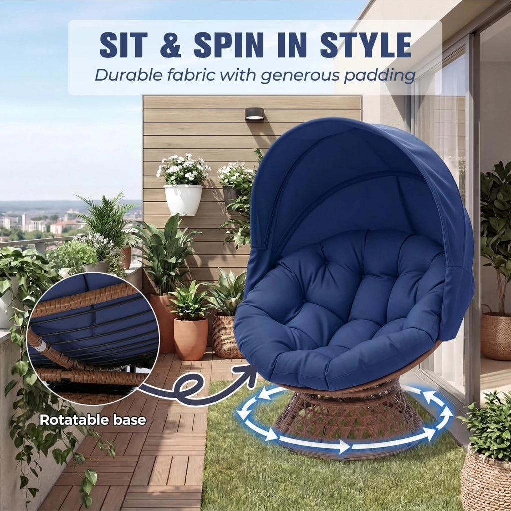 Poltrona da papasan, comoda poltrona girevole con cuscino rotondo, comoda poltrona in rattan, girevole, in vimini, per soggiorno, angolo lettura, lounge – blu