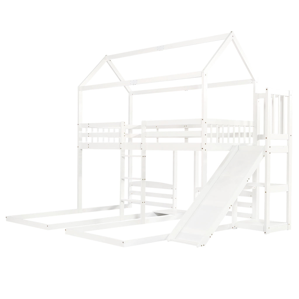 Letto a castello per bambini con scivolo, tetto design, tre posti letto 90x200 cm, bianco