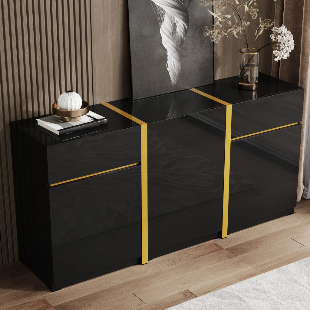 Credenza lucida, 3 ante e 2 cassetti, mobile da ingresso, finiture dorate, nero