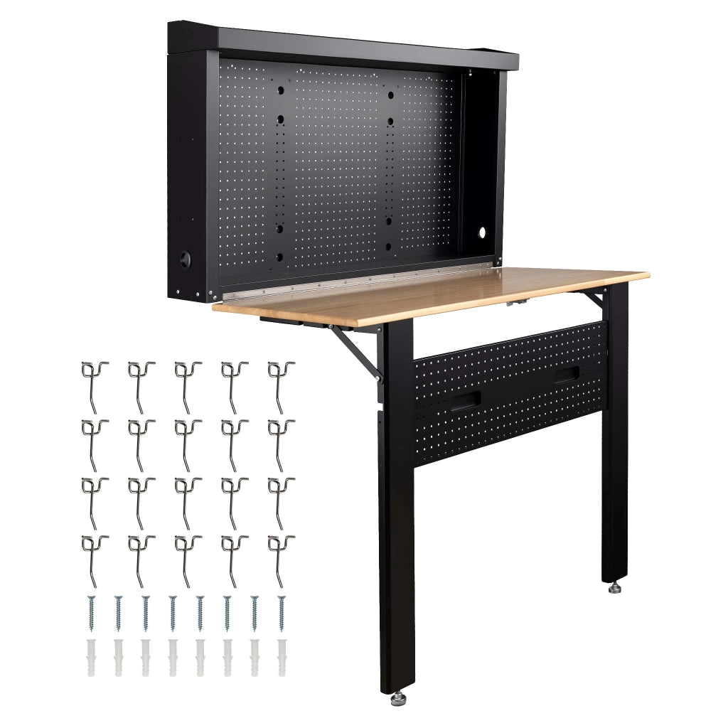 Banco da lavoro pieghevole a parete, portata fino a 200 kg, tavolo richiudibile con pannello porta attrezzi forato, in acciaio con piano in legno, 120,5 x 82,5 x 162 cm, ideale per officine e garage