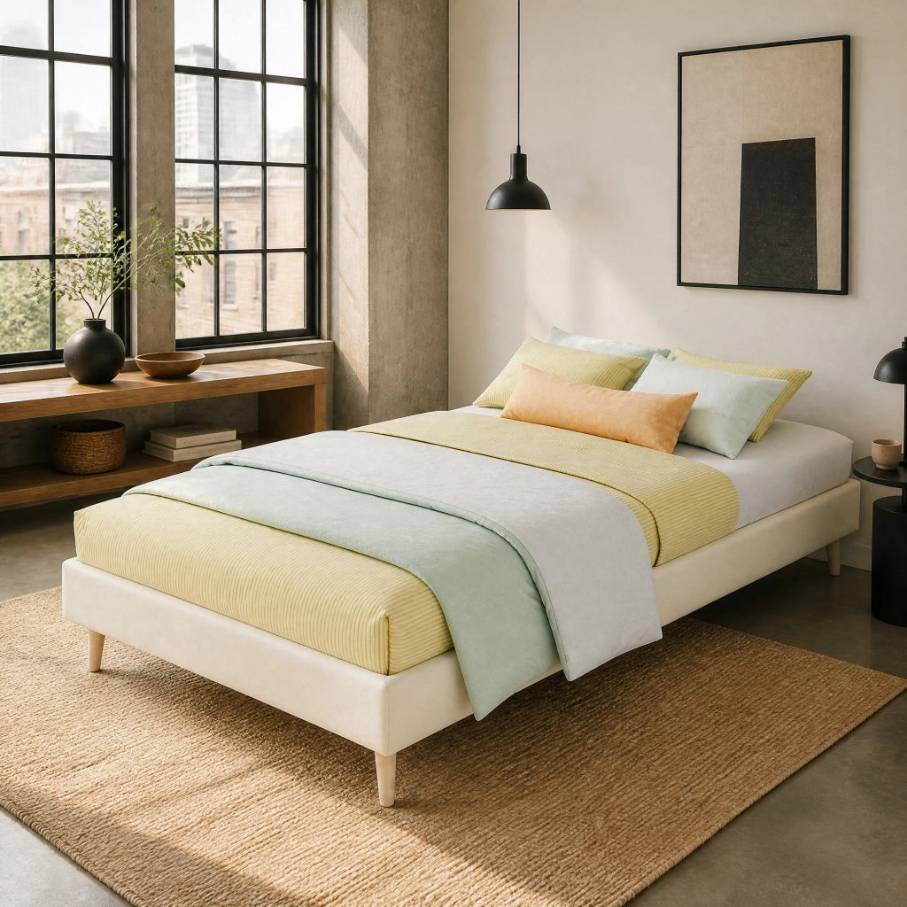 Letto singolo imbottito 90x200 cm con testiera a forma di cartone; beige