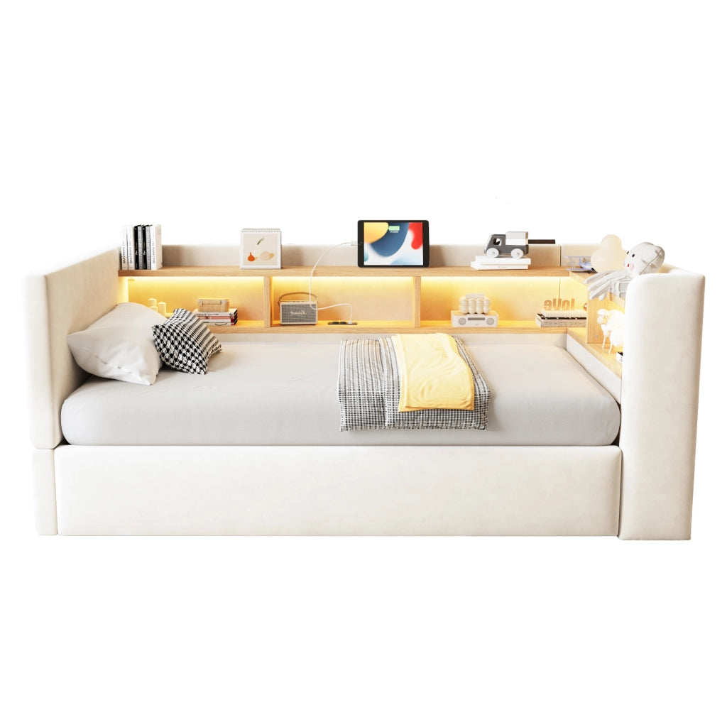 Divano letto singolo 90x190 cm beige con contenitore idraulico; vani; LED e prese