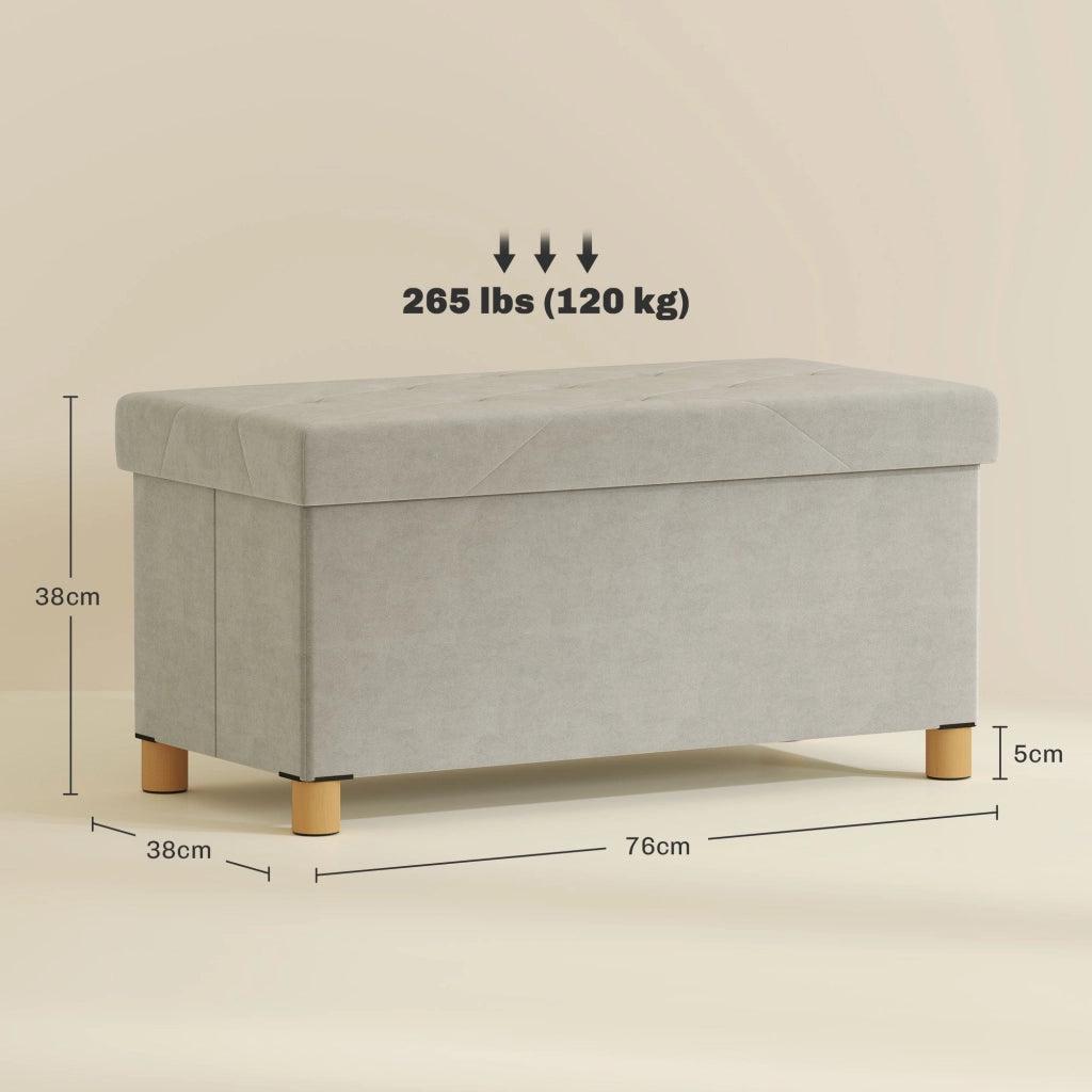 Panca Contenitore Pieghevole 67L 76x38x38cm Rivestimento Effetto Velluto Bianco Crema