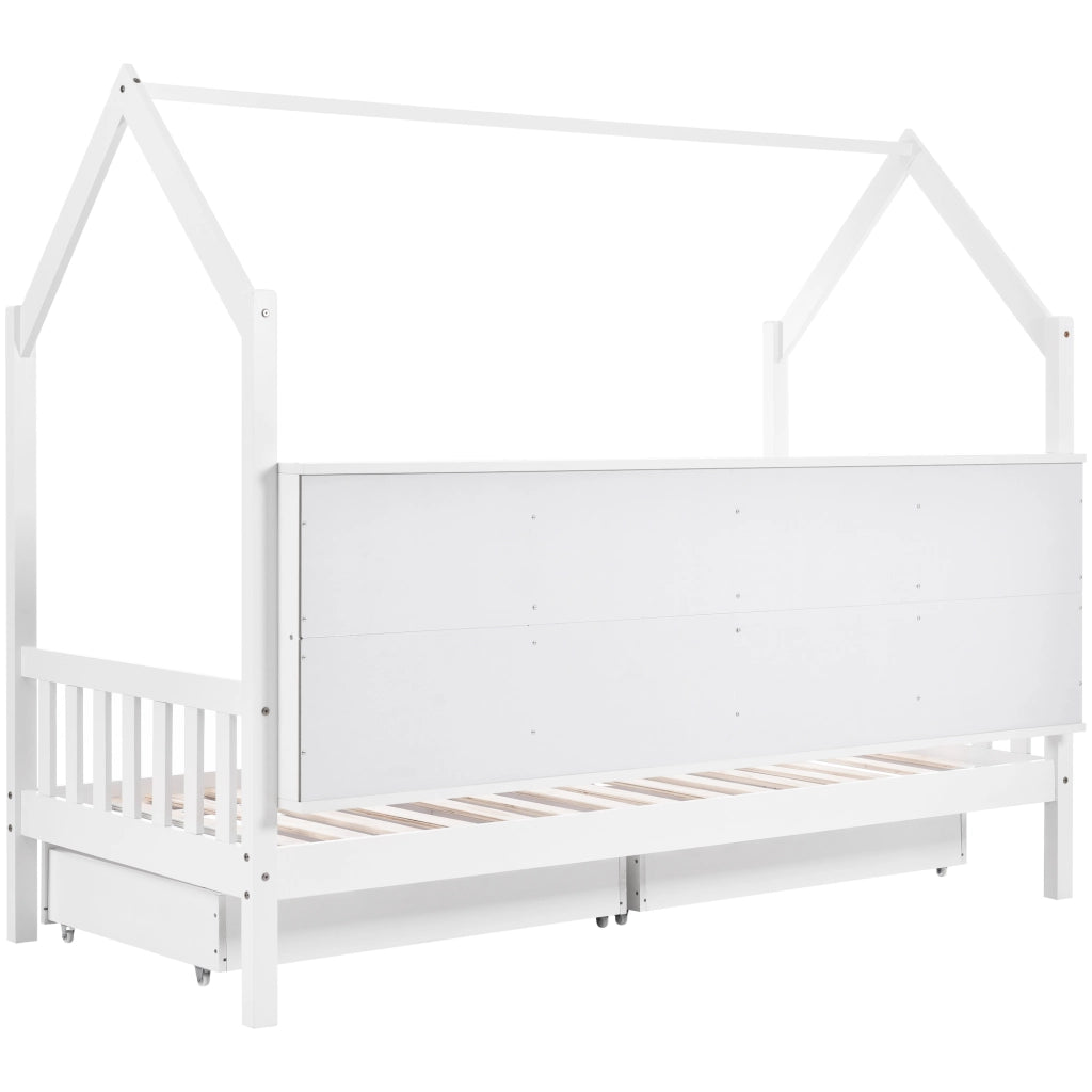 Letto a casetta per bambini in legno di pino con 2 cassetti, scaffale posteriore e sponde, 90x200 cm, bianco
