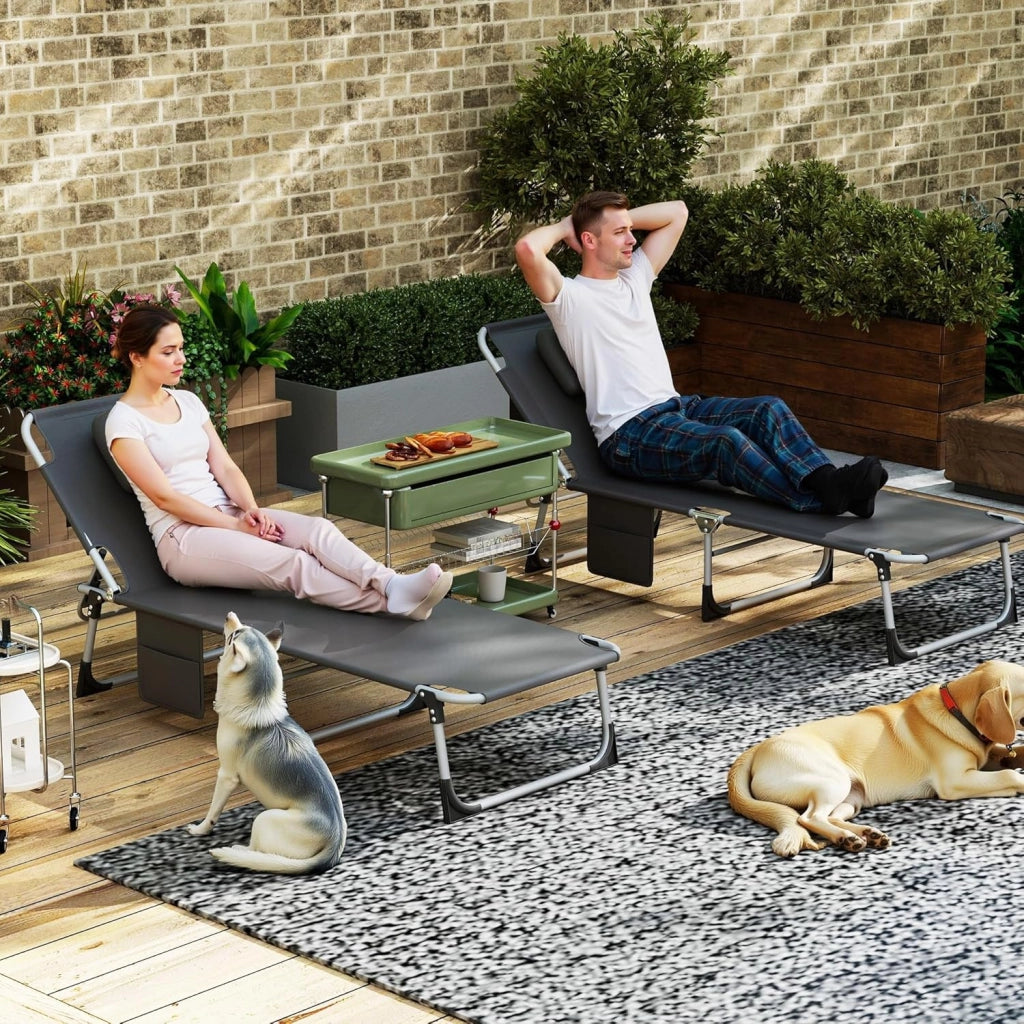 Sedia a sdraio pieghevole da giardino con schienale e poggiapiedi regolabili, portatile, da giardino, da spiaggia, per giardino, terrazza, spiaggia, grigio scuro