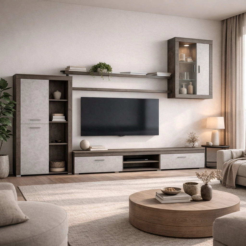 Parete Attrezzata Moderna Per Salotto Soggiorno Con Vetrinetta Ante Mensole Vani A Giorno Mobile TV Design Moderno Moduli Sospesi 293 X 193 X 50 Cm Ossido E Grigio Cemento