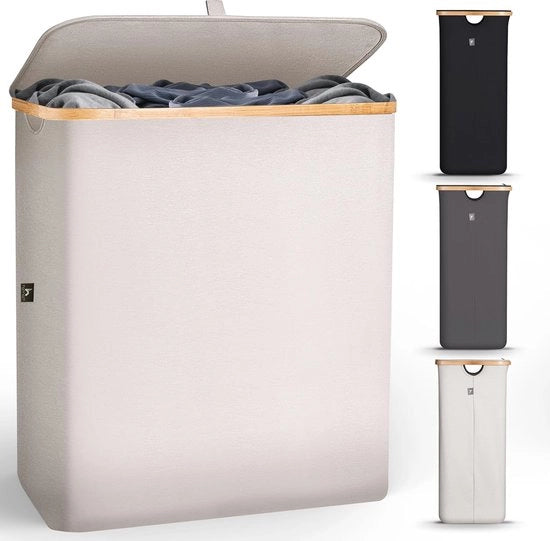 Lavatrice Grande con 2 Cassetti e Coperchio 140L - Lavatrice Moderna per Bagno e Camera con Maniglie - Lavatrice Pieghevole con Applicazione in Bambù Beige
