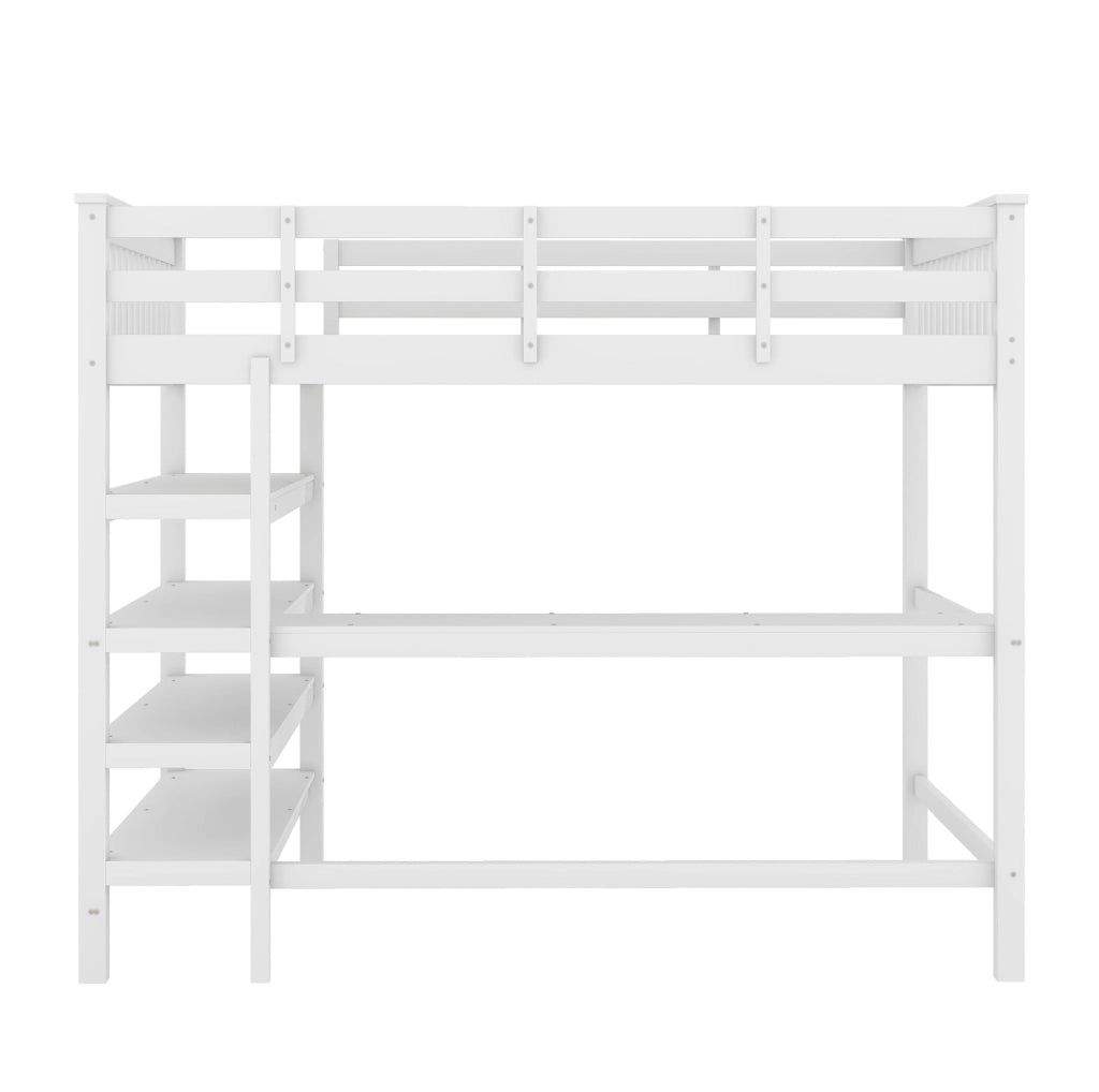 Letto a soppalco 140x200 cm bianco con scrivania e ripiani, legno di pino e MDF