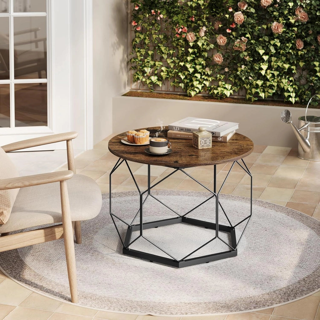 Tavolino da Salotto Rotondo, Tavolino da Caffè con Struttura in Metallo per Soggiorno, Balcone, Divano e Letto, Marrone Rustico+Nero, BTS27vbn
