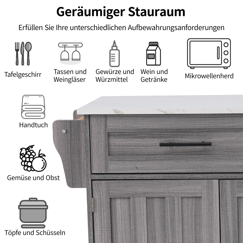Carrello da cucina con 2 cassetti e 3 vani, per cucina, in MDF, grigio e bianco, 129 × 71 × 91,5 cm