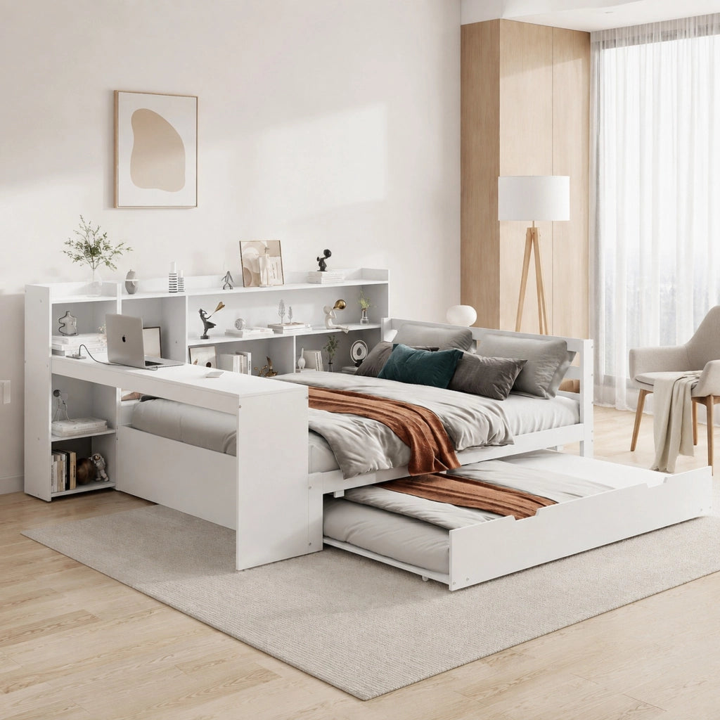 Letto multifunzionale in legno massello 140x200 cm con letto estraibile, scrivania e scaffali