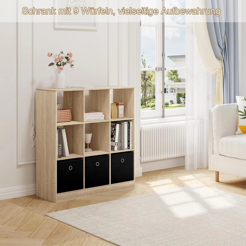 Libreria Scaffale, Libreria a 9 Cubi Portaoggetti, Scaffale in Legno con 3 Cassetti in Tessuto Non Tessuto, per Soggiorno, Camera da Letto, Ufficio, Rovere Chiaro, 80x30x86,5 cm, SK041hei