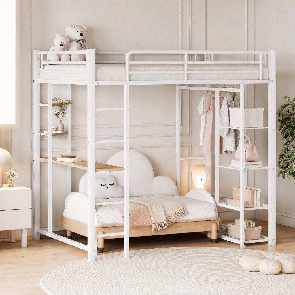 Letto a soppalco in metallo bianco 140x200 cm con scrivania, scaffali e vano guardaroba