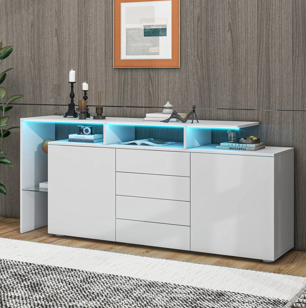 Credenza moderna con LED e USB, bianco lucido