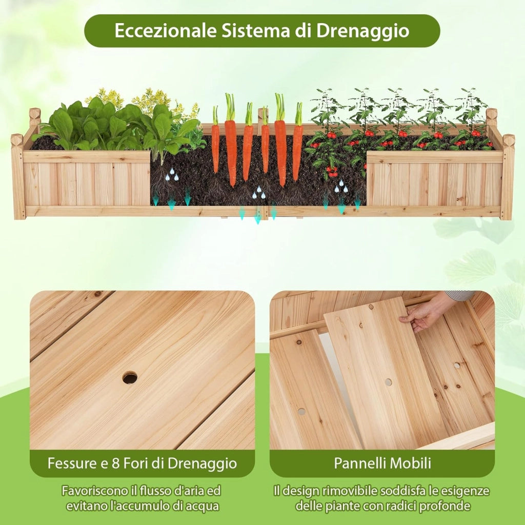 Letto da Esterno Rialzato in Legno, Fioriera Rettangolo con Divisorio, Sistema di Drenaggio, Fodera in Tessuto non Tessuto, Orto Rialzato per Giardino e Cortile, 227 x 59,5 x 40 cm (Naturale)