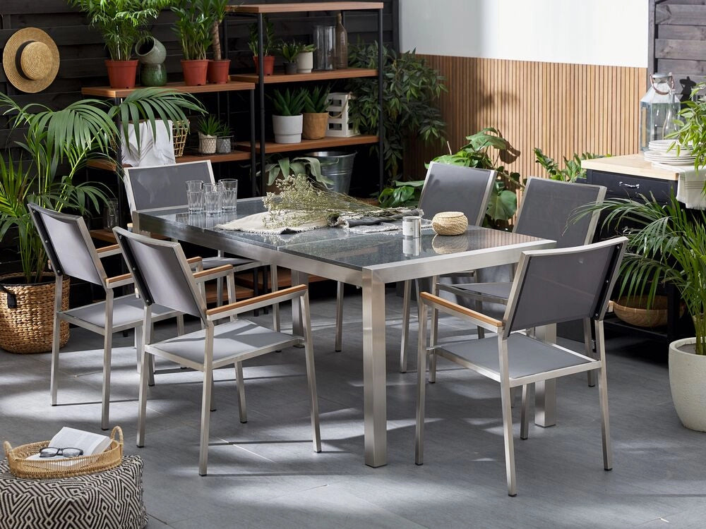 Set da Giardino Tavolo Piano Granito di colore Grigio 6 Sedie Grigie 180 x 90 cm esterno terrazzo