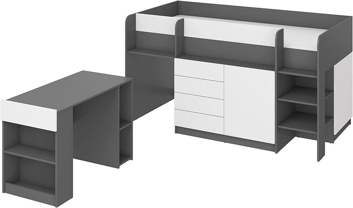 LETTO MOBILE CASSETTIERA CON SCRITTOIO SMILE P 204x 112x112cm LATO DESTRO GRAFITE BIANCO