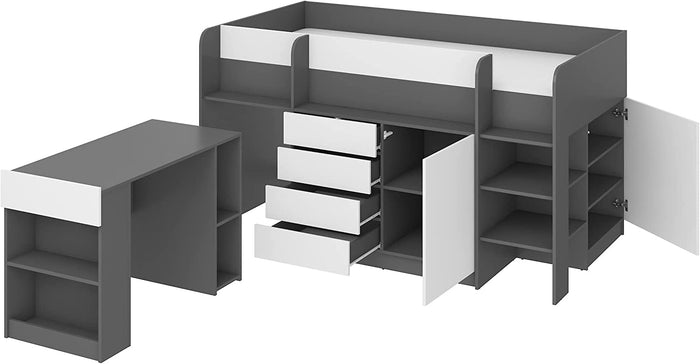 LETTO MOBILE CASSETTIERA CON SCRITTOIO SMILE P 204x 112x112cm LATO DESTRO GRAFITE BIANCO