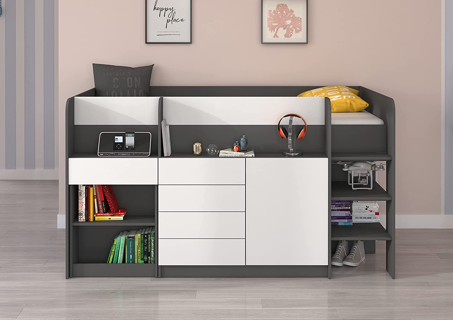 LETTO MOBILE CASSETTIERA CON SCRITTOIO SMILE P 204x 112x112cm LATO DESTRO GRAFITE BIANCO