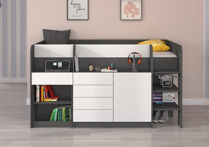 LETTO MOBILE CASSETTIERA CON SCRITTOIO SMILE P 204x 112x112cm LATO DESTRO GRAFITE BIANCO