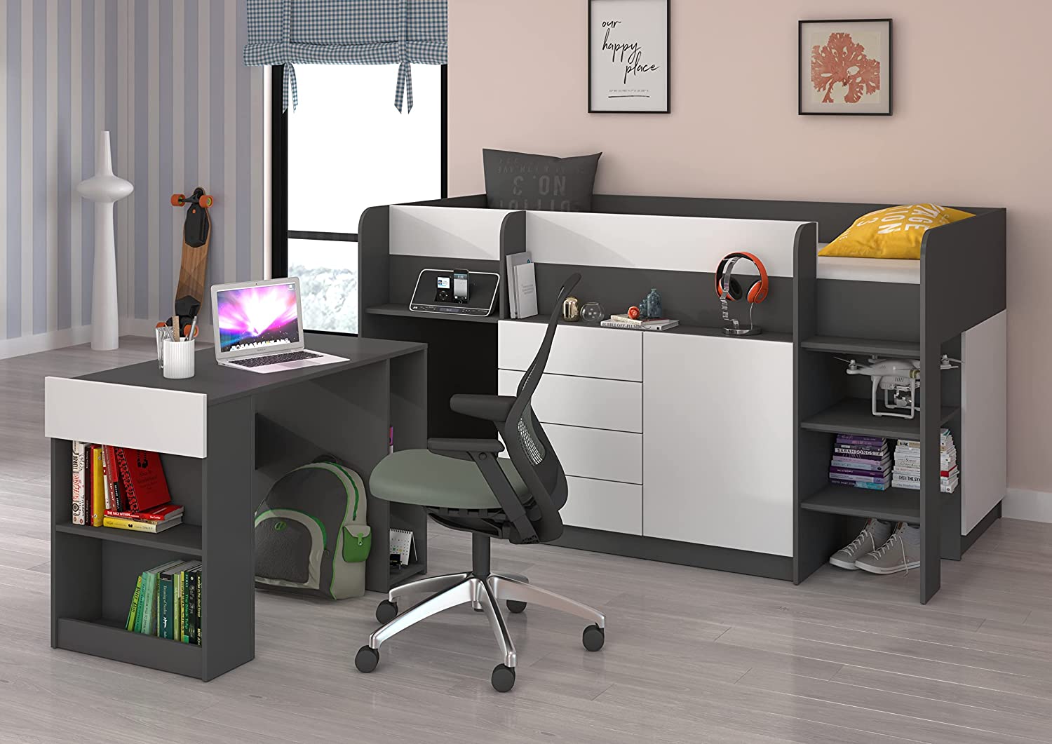 LETTO MOBILE CASSETTIERA CON SCRITTOIO SMILE P 204x 112x112cm LATO DESTRO GRAFITE BIANCO