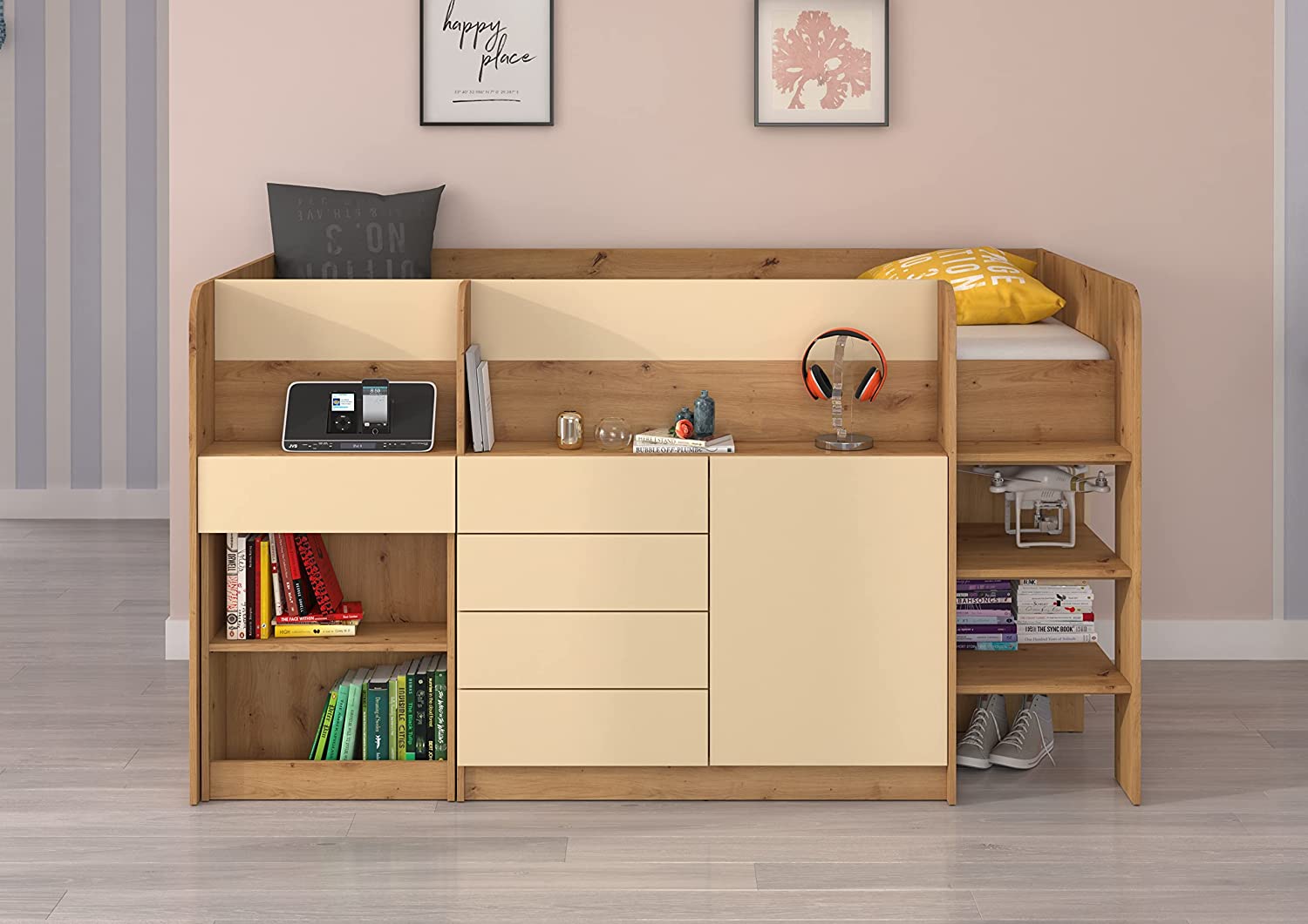 LETTO MOBILE CASSETTIERA CON SCRITTOIO SMILE P 204x 112x112cm LATO DESTRO ROVERE CREMA