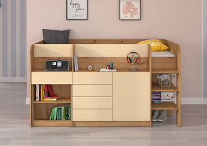 LETTO MOBILE CASSETTIERA CON SCRITTOIO SMILE P 204x 112x112cm LATO DESTRO ROVERE CREMA