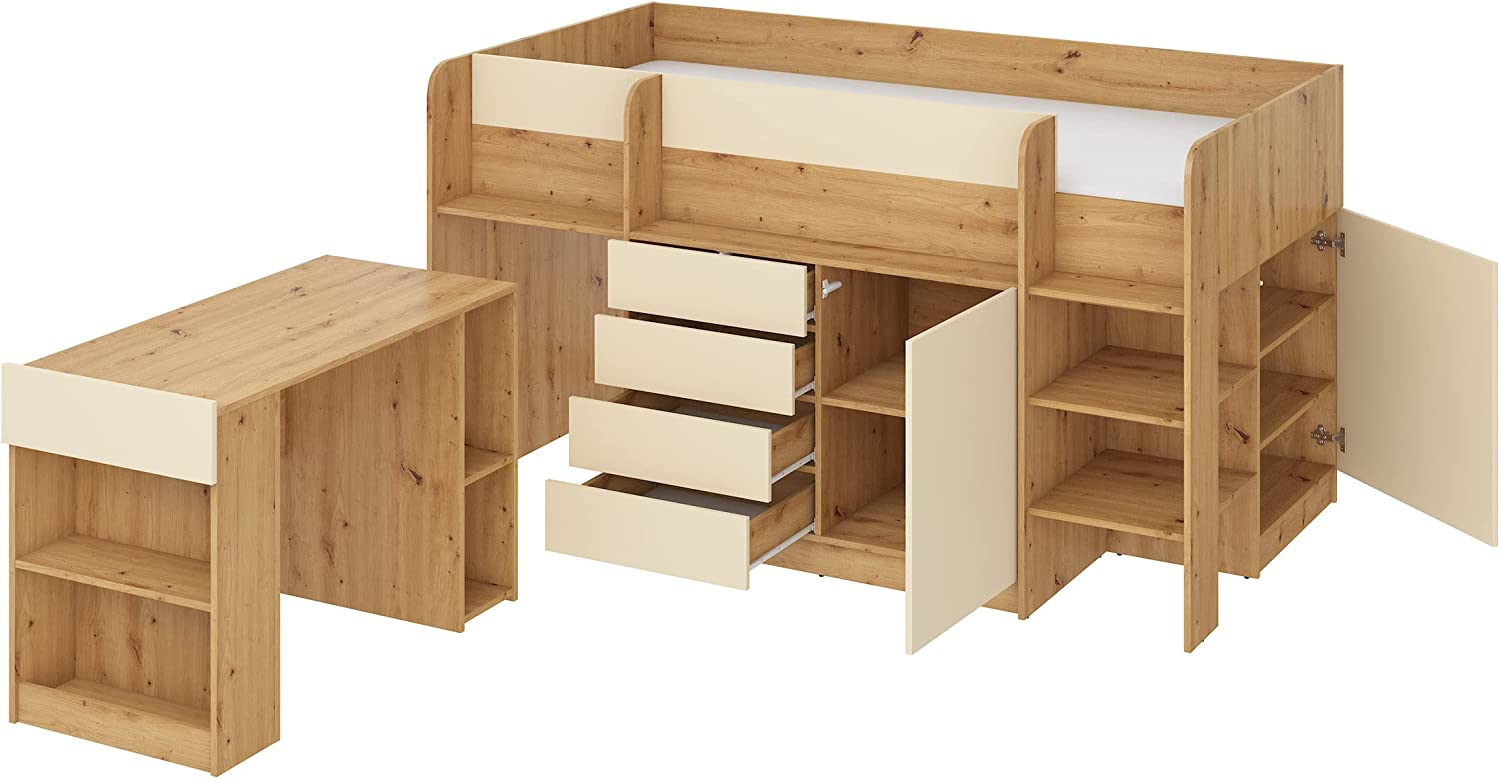 LETTO MOBILE CASSETTIERA CON SCRITTOIO SMILE P 204x 112x112cm LATO DESTRO ROVERE CREMA