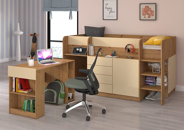 LETTO MOBILE CASSETTIERA CON SCRITTOIO SMILE P 204x 112x112cm LATO DESTRO ROVERE CREMA