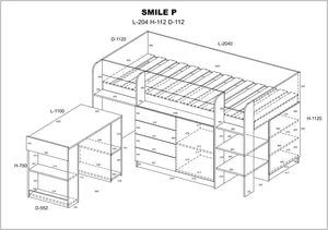 LETTO MOBILE CASSETTIERA CON SCRITTOIO SMILE P 204x 112x112cm LATO DESTRO ROVERE CREMA