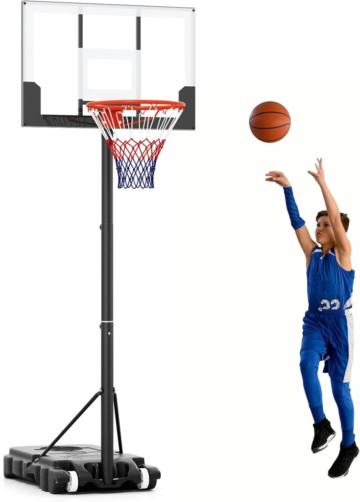 Canestro da Basket Esterno ed Interno Regolabile 100 cm-212 cm, Canestro da Basket per Bambini/Adolescenti Portatile con Tabellone in PC, Base Riempibile e Ruote