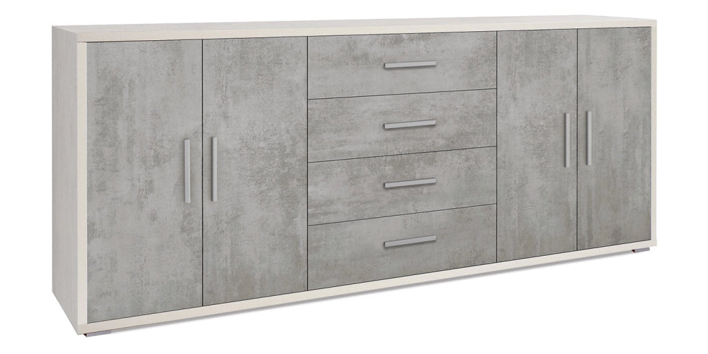 Mobile Basso 4 Ante 4 Cassetti 203x84x41 cm Ossido Bianco/Cemento