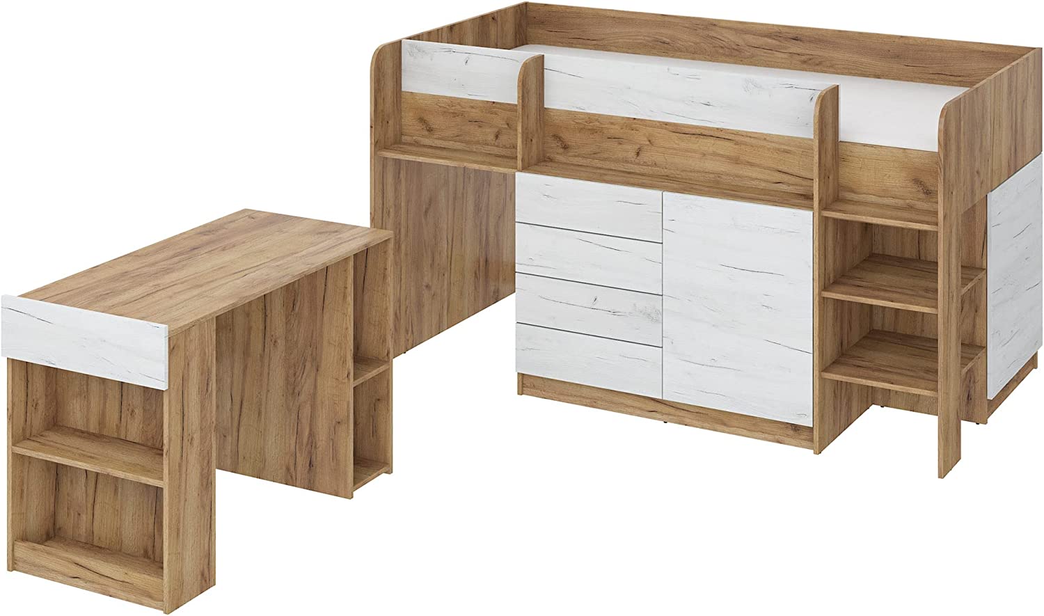 LETTO MOBILE CASS. SCRITTOIO SMILE P 204x 112x112cm LATO DESTRO ROVERE BIANCO GREZZO