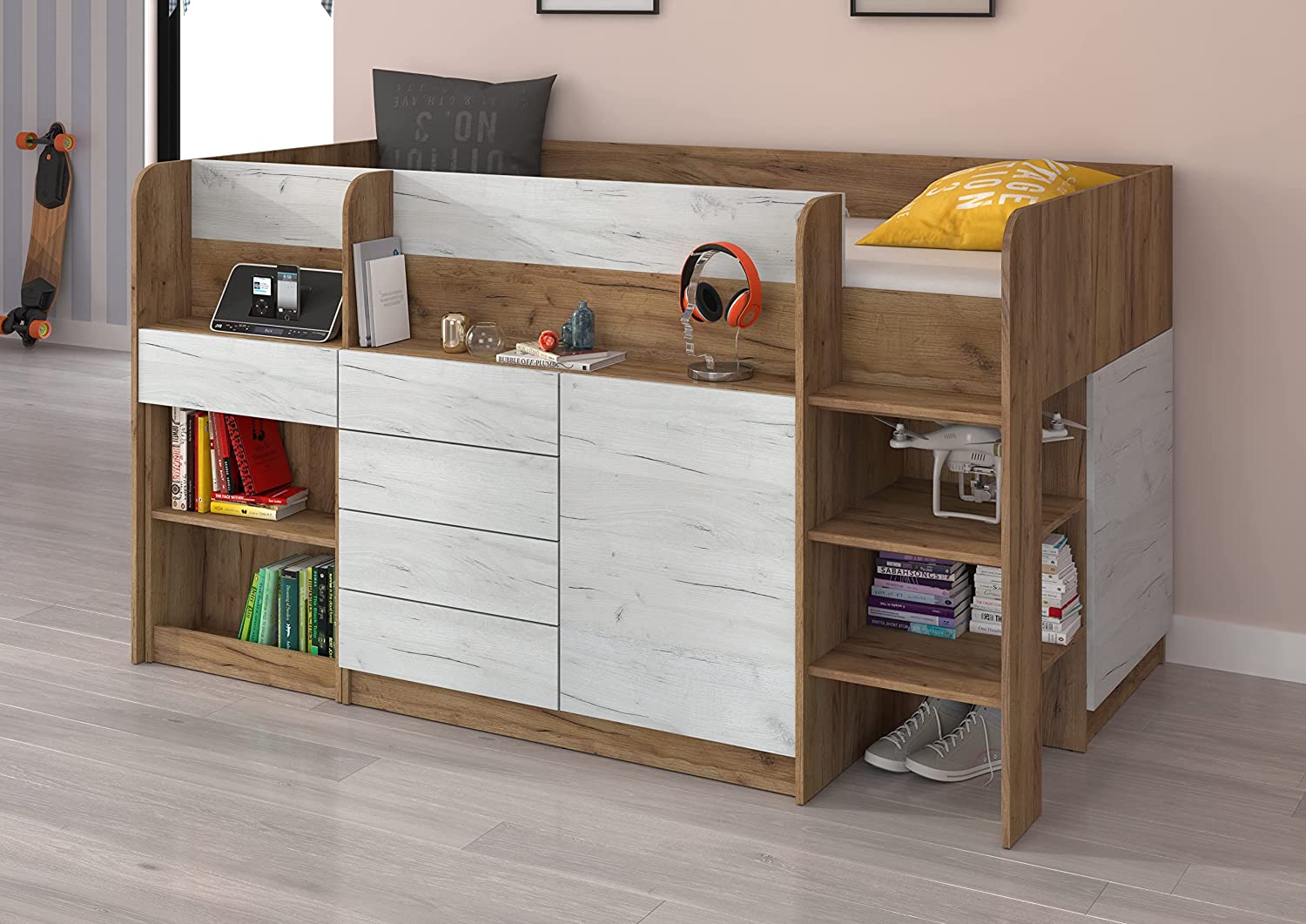 LETTO MOBILE CASS. SCRITTOIO SMILE P 204x 112x112cm LATO DESTRO ROVERE BIANCO GREZZO