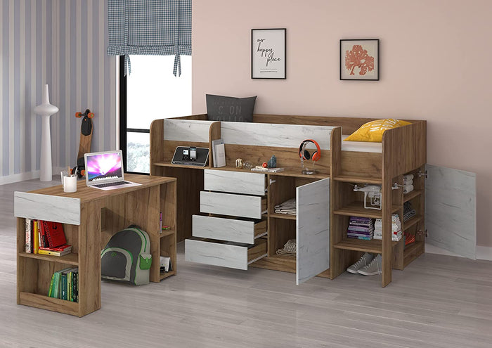 LETTO MOBILE CASS. SCRITTOIO SMILE P 204x 112x112cm LATO DESTRO ROVERE BIANCO GREZZO