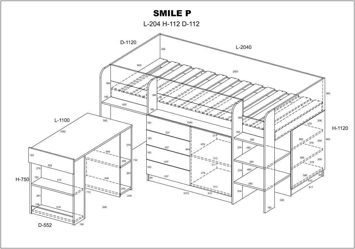 LETTO MOBILE CASS. CON SCRITTOIO SMILE P 204x 112x112cm LATO DESTRO BIANCO GRAFITE GREZZO