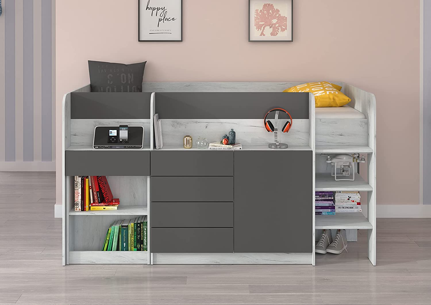 LETTO MOBILE CASS. CON SCRITTOIO SMILE P 204x 112x112cm LATO DESTRO BIANCO GRAFITE GREZZO