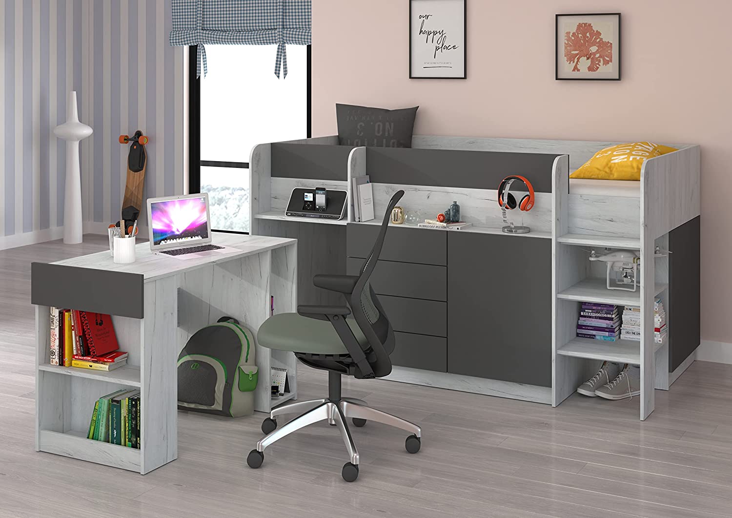 LETTO MOBILE CASS. CON SCRITTOIO SMILE P 204x 112x112cm LATO DESTRO BIANCO GRAFITE GREZZO